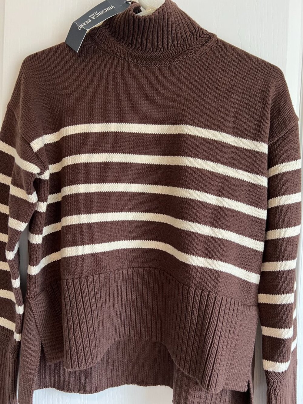 NWT VERONICA BEARD Lancetti Sweater Brown & Ivory Cotton Striped T-Neck Sz Small - Picture 4 of 12